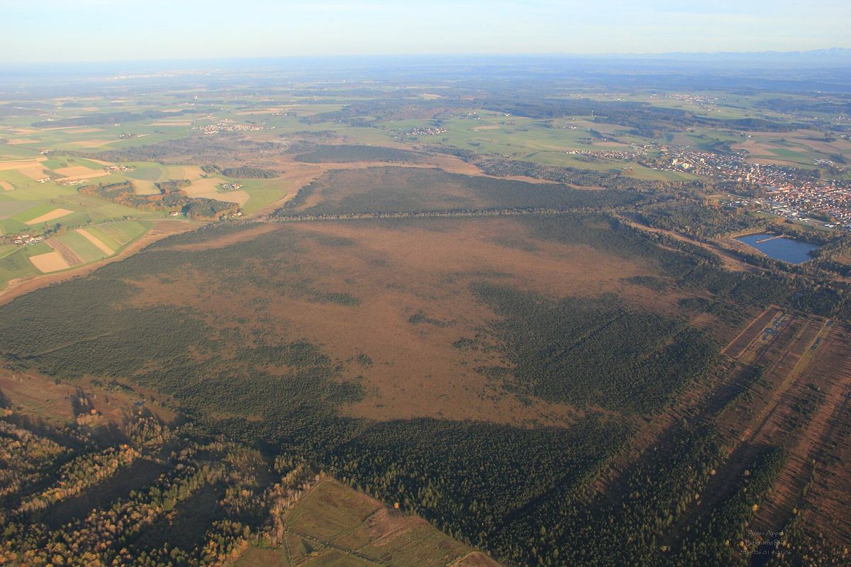 Das Wurzacher Ried aus der Luft: Moorflächen, Wald und Torfstiche nördlich von Bad Wurzach